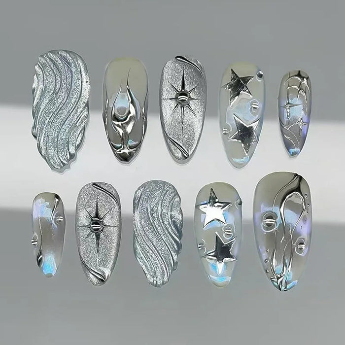 Silver Chrome Star and Wave Press-On Nail Set