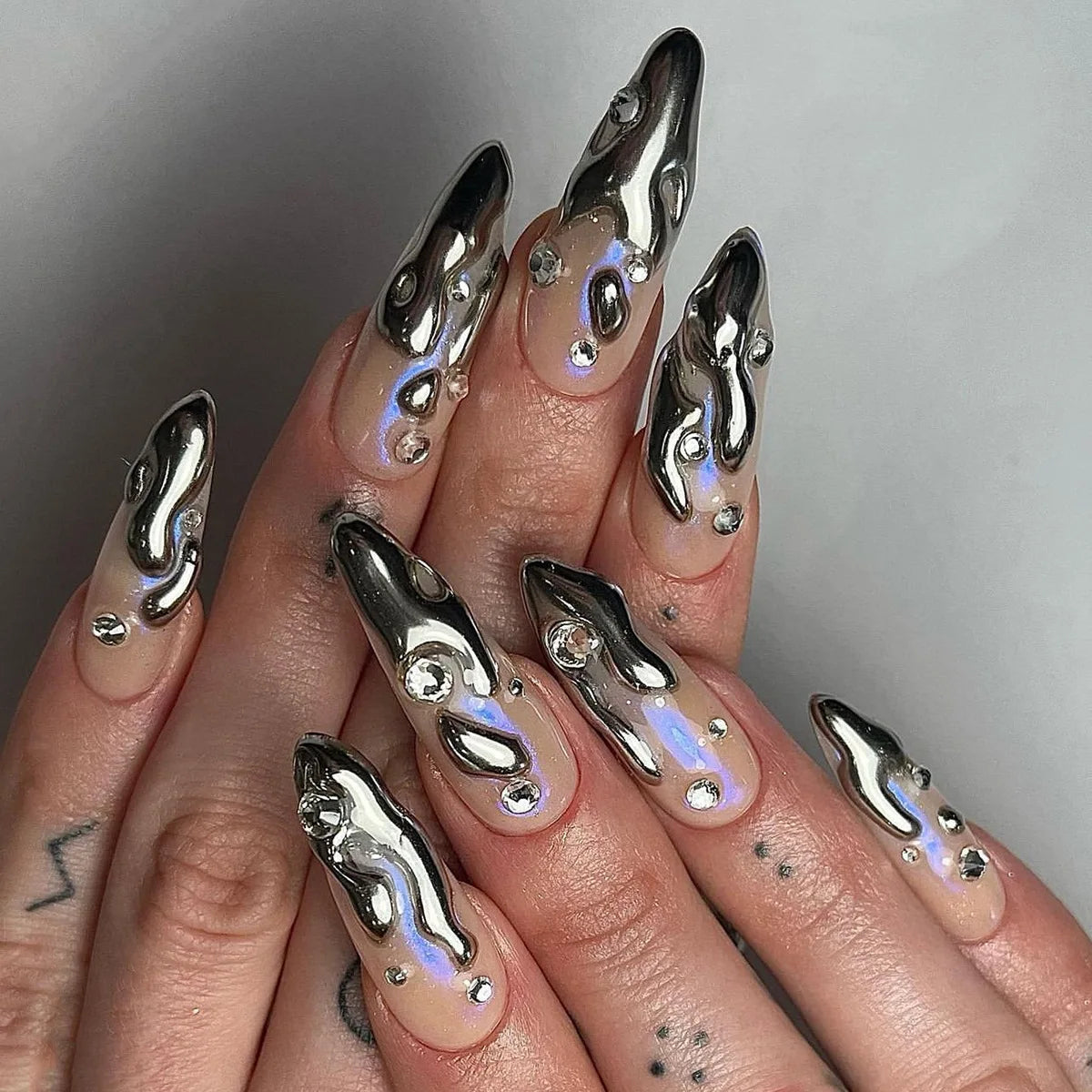 Silver Chrome Swirl and Rhinestone Press On Nails