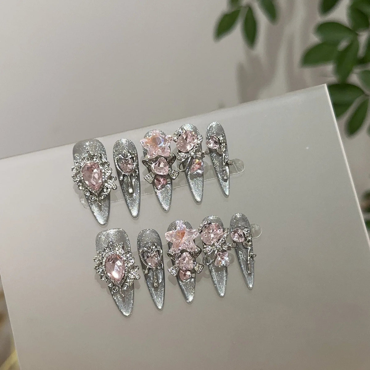 Silver Glitter 3D Pink Crystal Rhinestone Nail Set