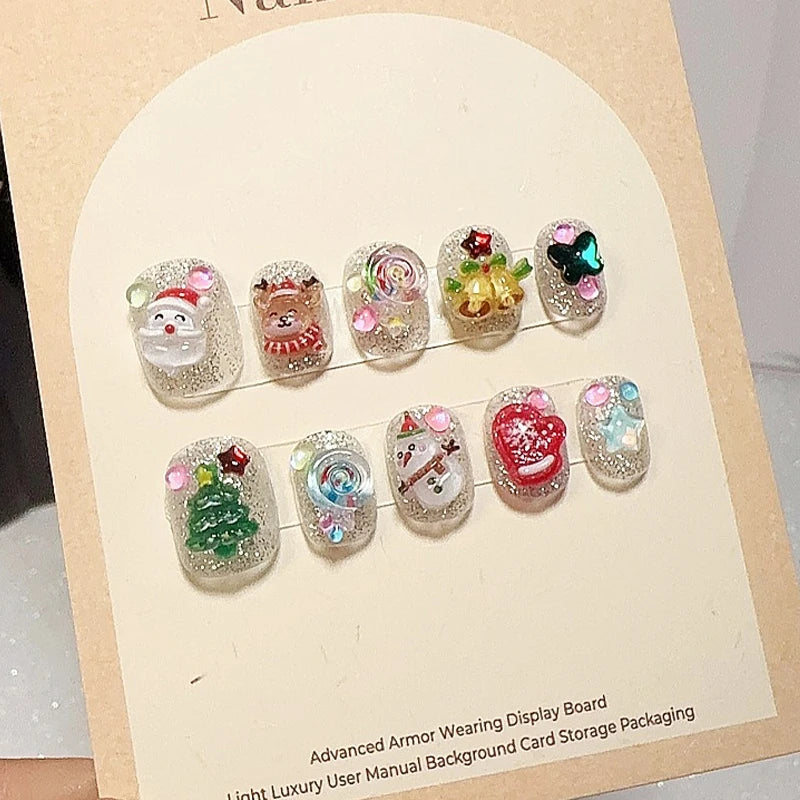 Silver Glitter Christmas Press-On Nails With Santa, Tree and Reindeer