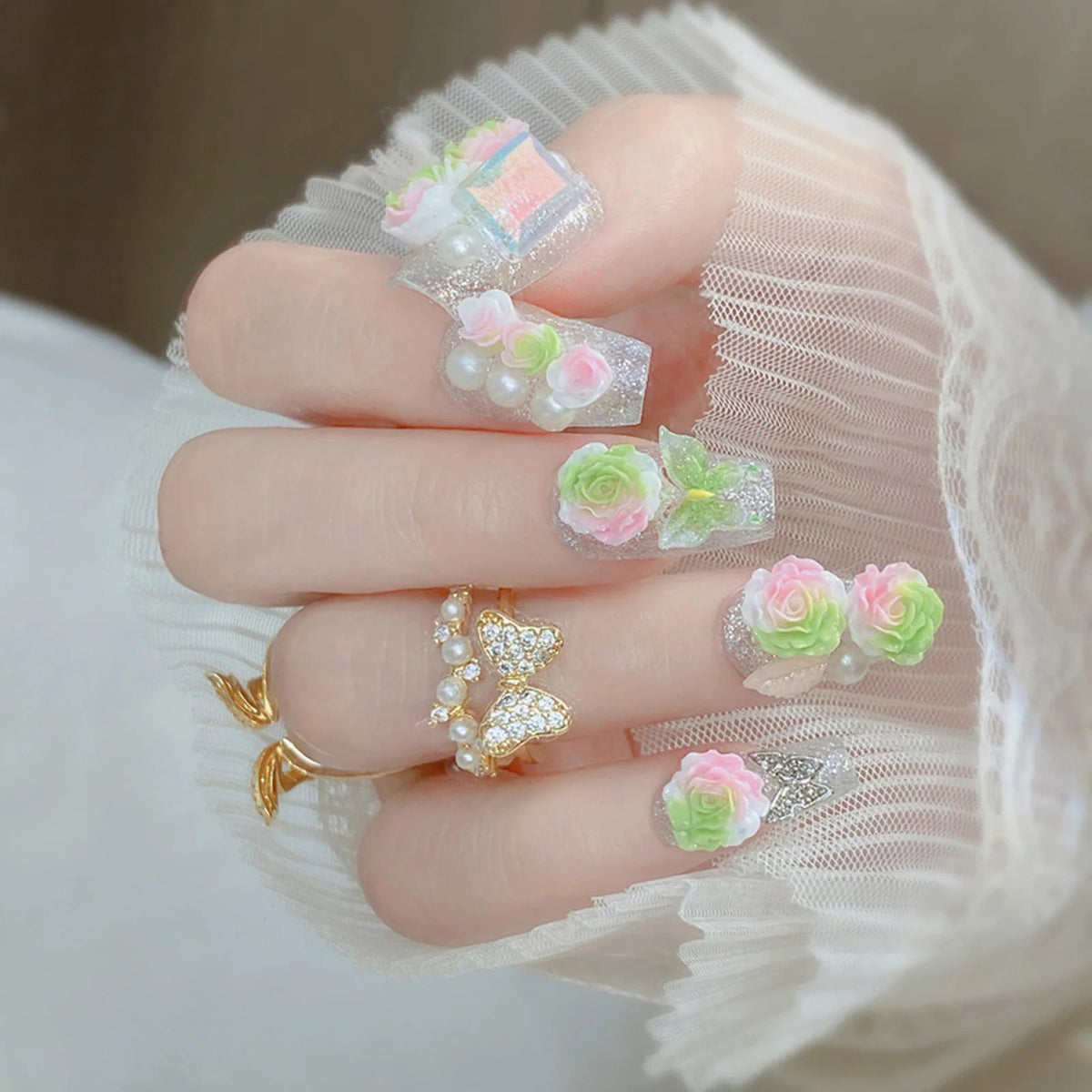 Silver Glitter Press On Nails With 3D Pastel Roses