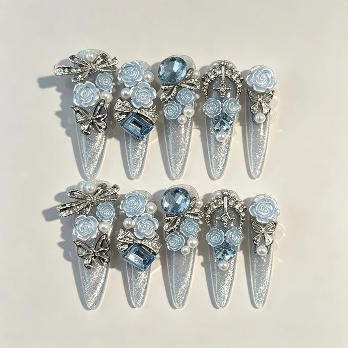 Silver Glitter Press On Nails with Pale Blue 3D Roses, Butterflies, Bows and Pearls