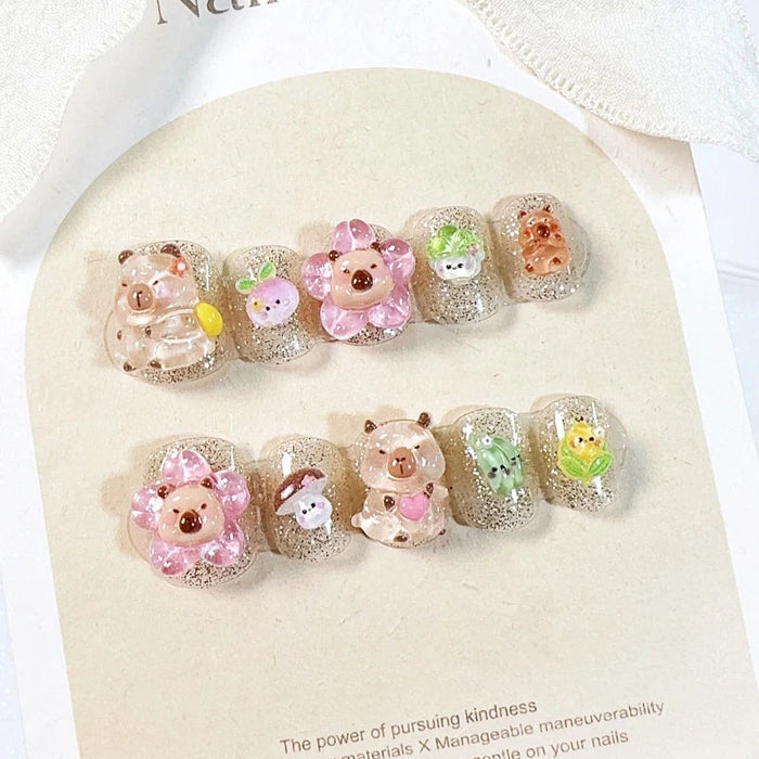 Silver Glitter Press-On Nails With Pastel 3D Bears and Flowers