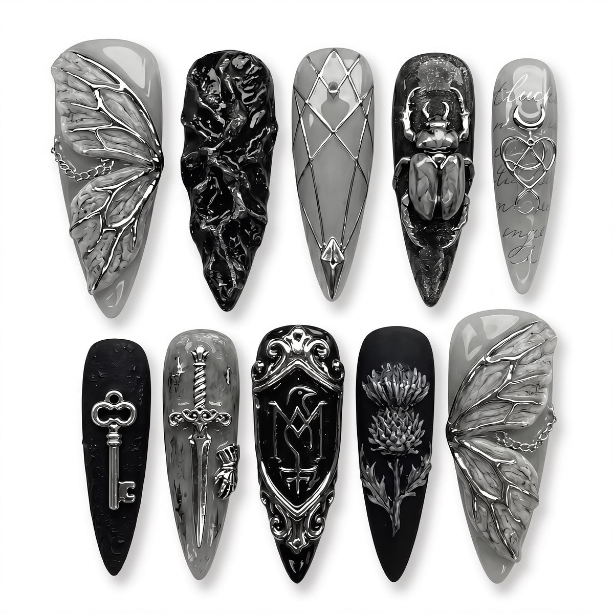 Silver Gothic Beetle, Sword, Key and Shield Nail Set