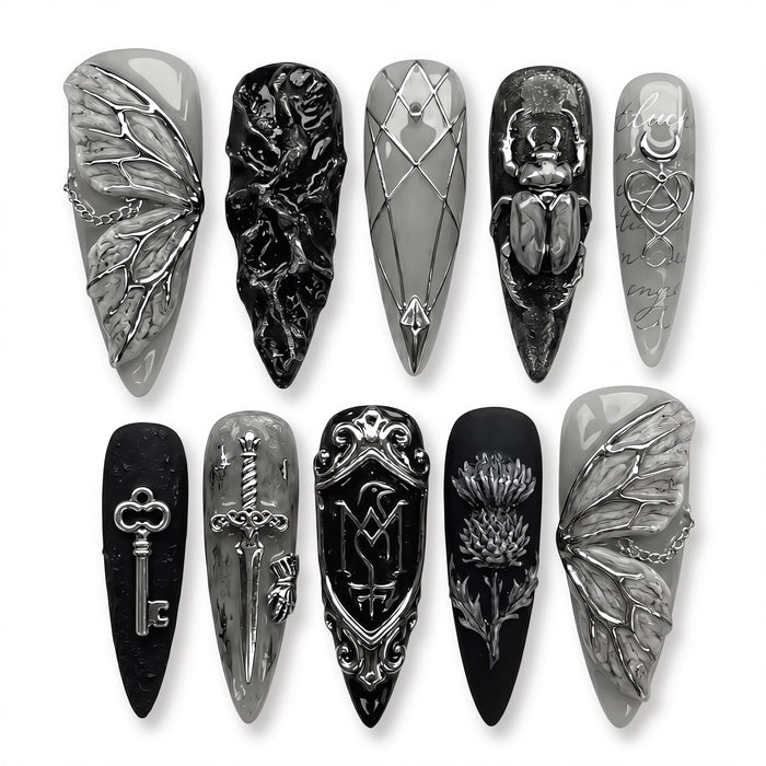 Silver Gothic Beetle, Sword, Key and Shield Press On Nail Set