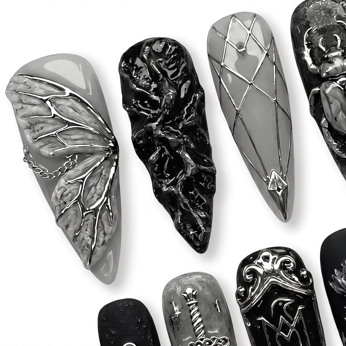 Silver Gothic Beetle, Sword, Key and Shield Nail Set