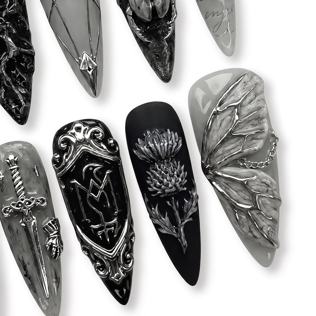 Silver Gothic Beetle, Sword, Key and Shield Nail Set
