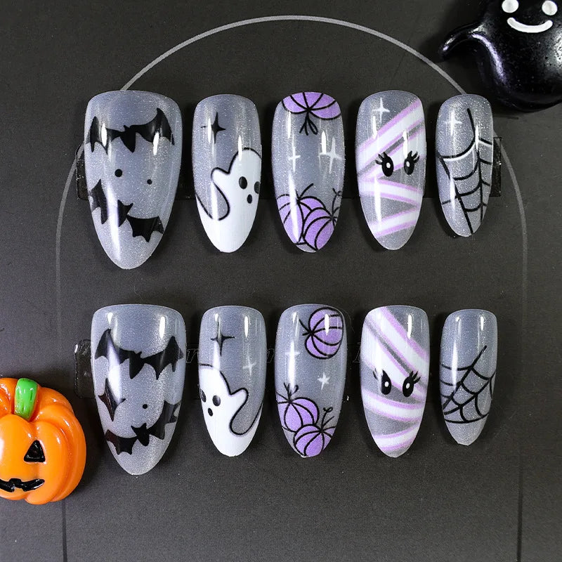 Silver Gray Halloween Nails with Purple Spiderwebs, Bats and Ghosts