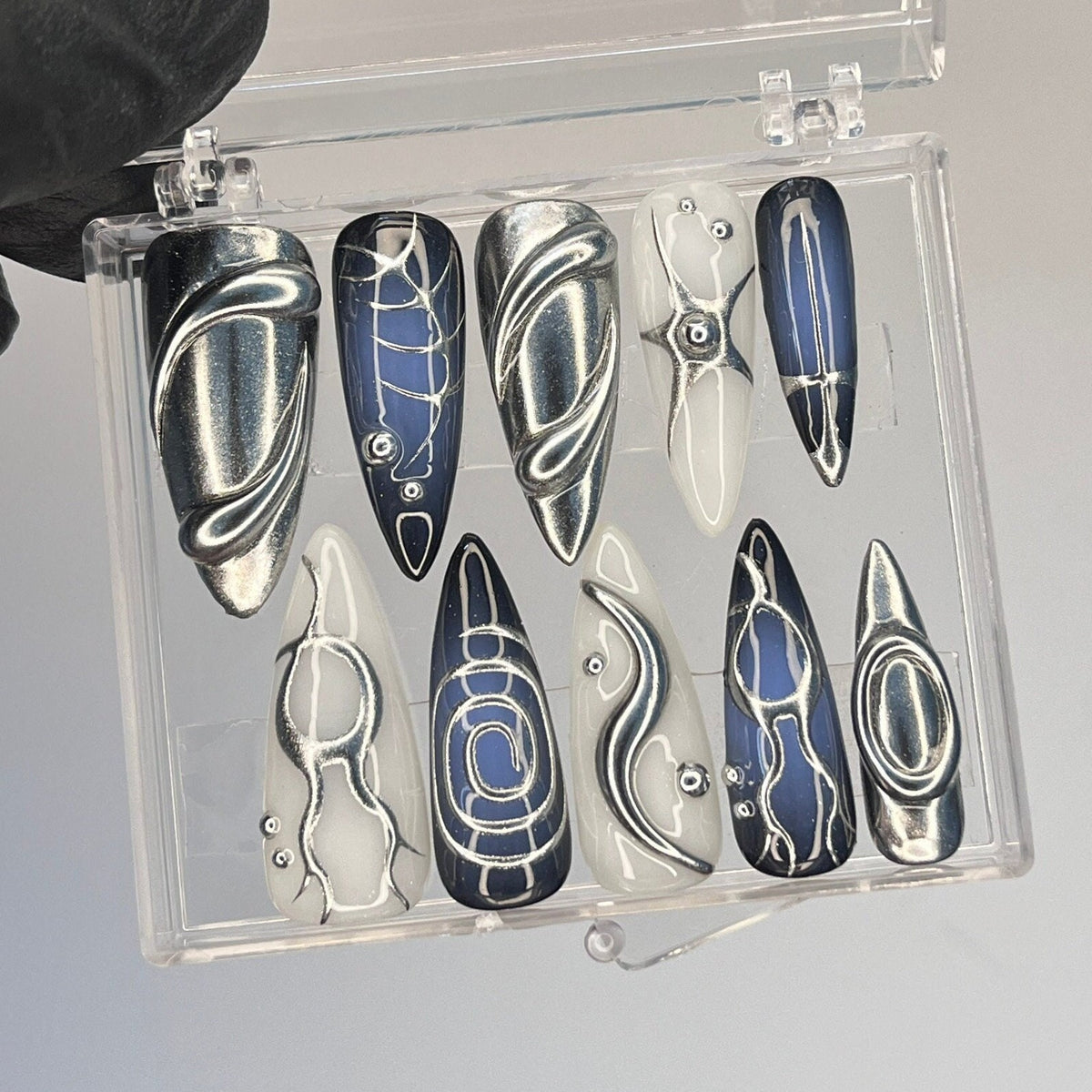 Silver, Navy, and Ivory Y2K Chrome Swirl Nail Set With Metallic Accents