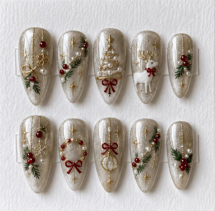Silver-White Christmas Glitter Press On Nails With Gold Stars, Red Bows and 3D Reindeer