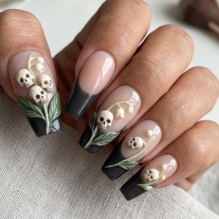 Skull and Lily of the Valley French Tip Press On Nails