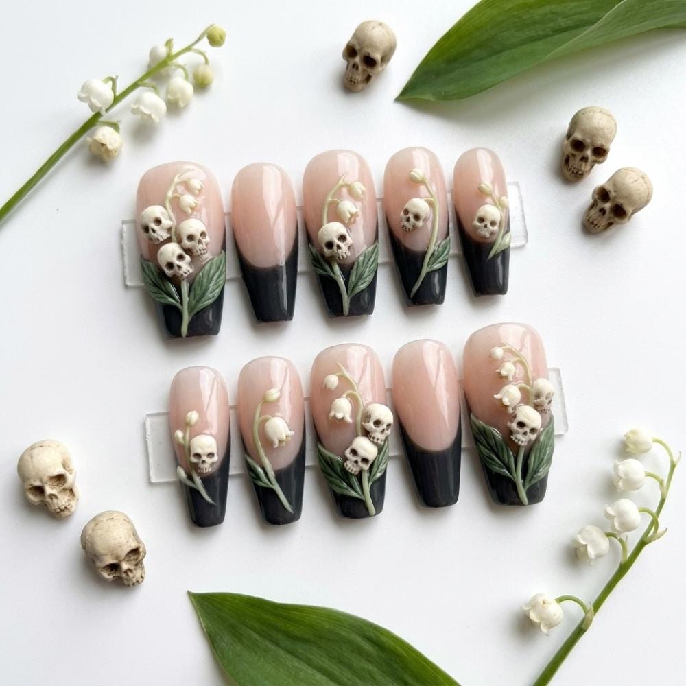 Skull and Lily of the Valley French Tip Press On Nails
