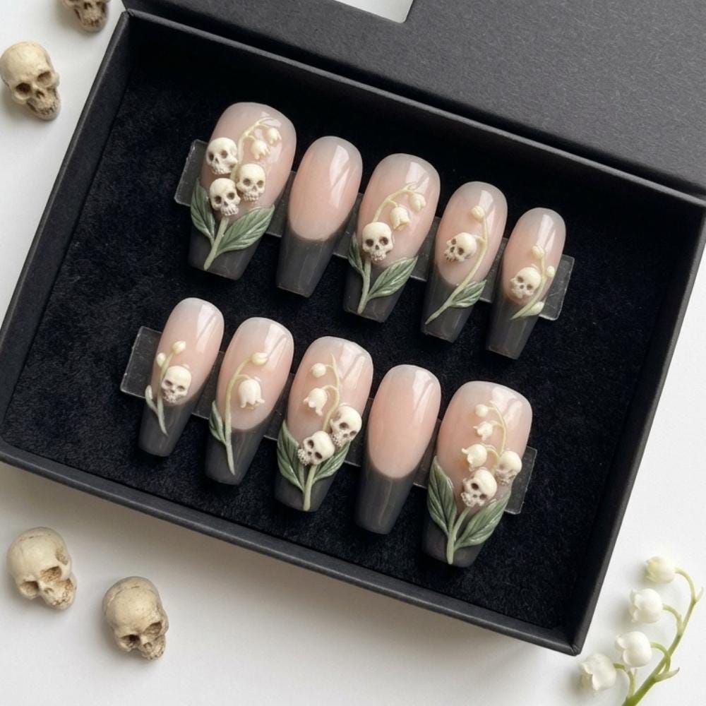 Skull and Lily of the Valley French Tip Press On Nails