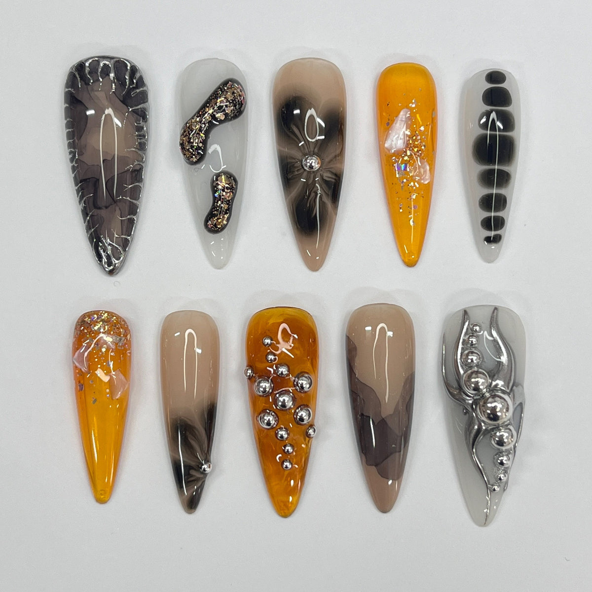 Smoky Amber and Silver Press On Nail Set with Rhinestones and Foil