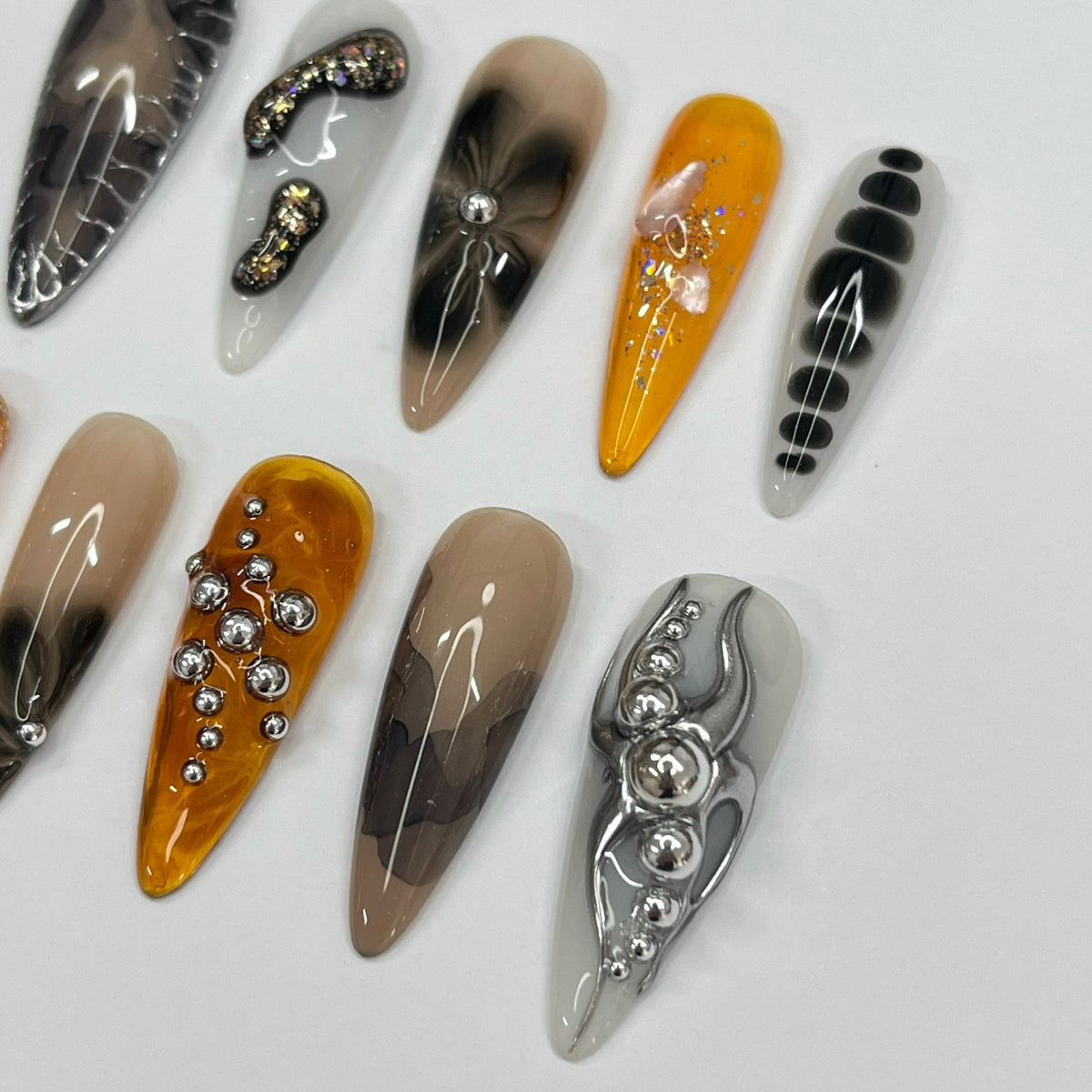 Smoky Amber and Silver Press On Nail Set with Rhinestones and Foil