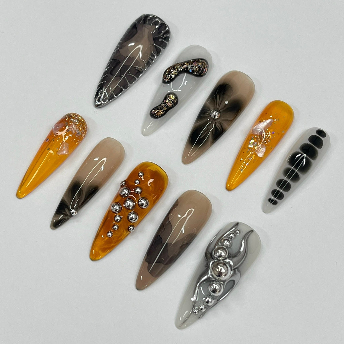 Smoky Amber and Silver Press On Nail Set with Rhinestones and Foil