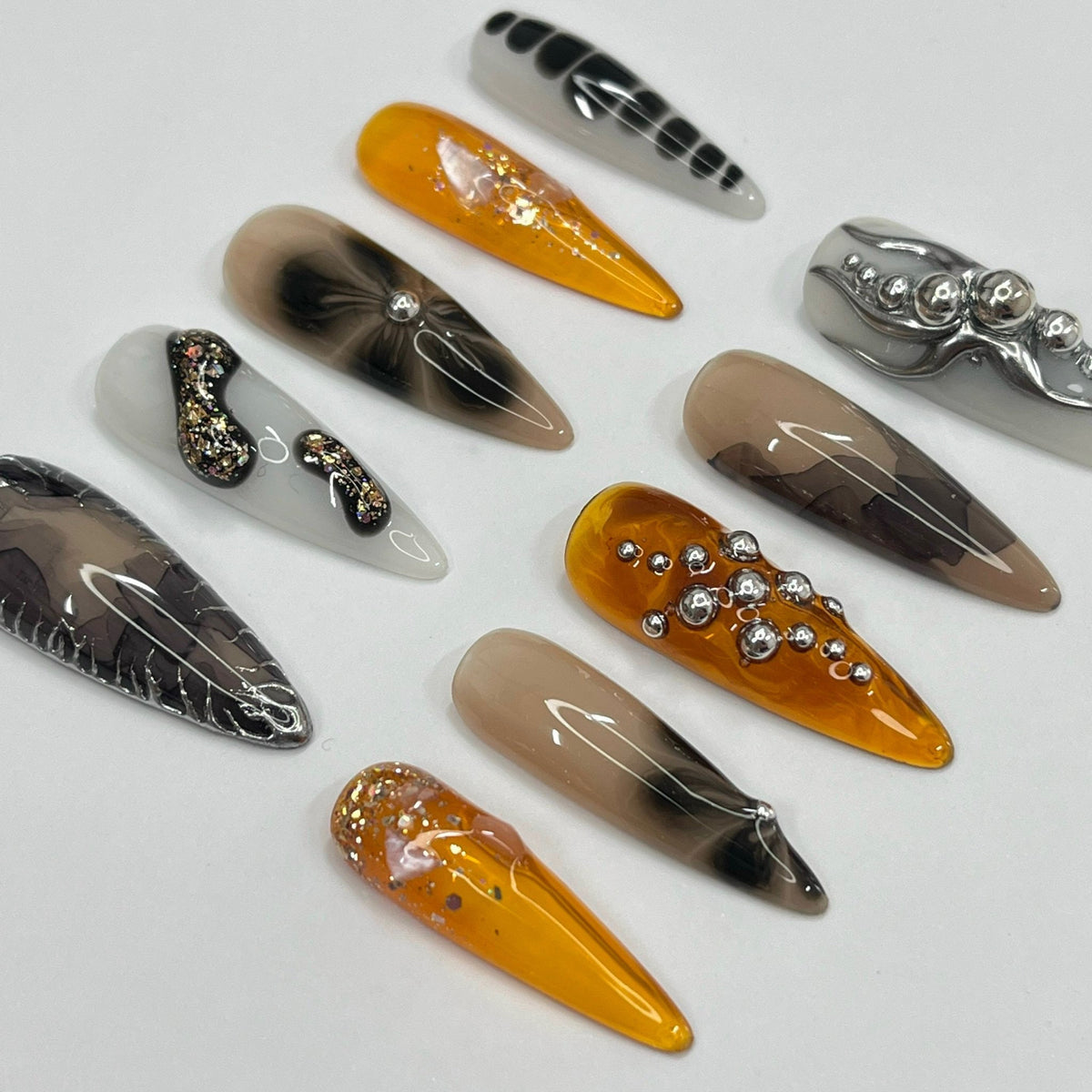 Smoky Amber and Silver Press On Nail Set with Rhinestones and Foil