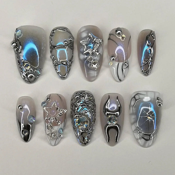 Smoky Black Aurora Chrome Filigree Press On Nail Set with Silver Chains and Stars