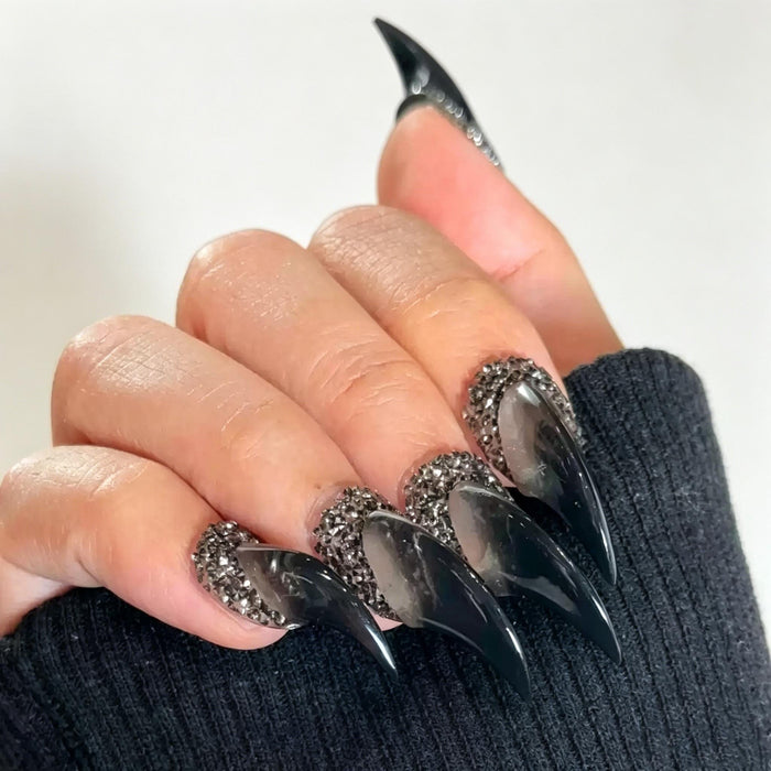 Smoky Black Gradient Press-On Nails With Silver Rhinestone Clusters