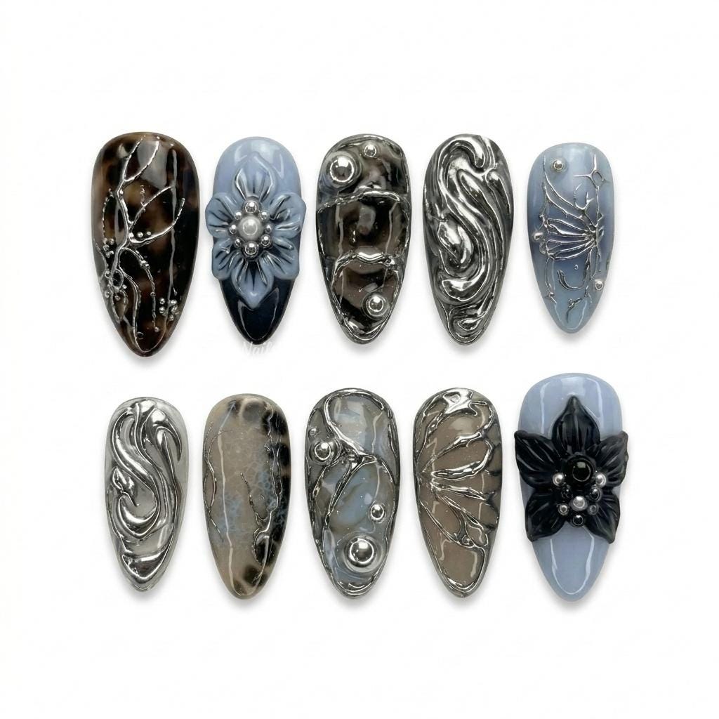 Smoky Blue-Gray Floral Chrome Press On Nails With Sculpted Silver Swirls