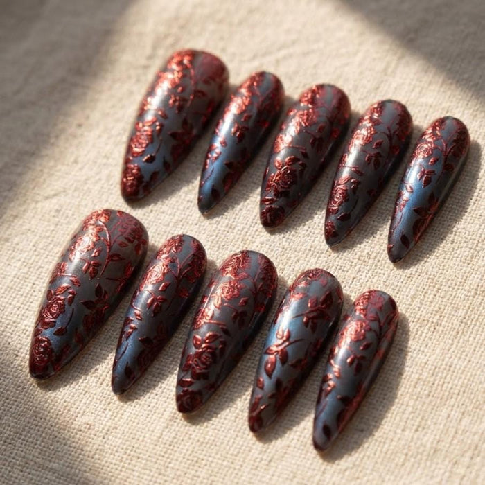 Smoky Blue-Gray Press On Nails With Red Metallic Rose and Vine Designs