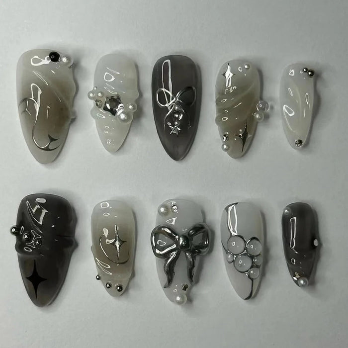 Smoky Gray and Silver Bow Press On Nails with Pearl Beads