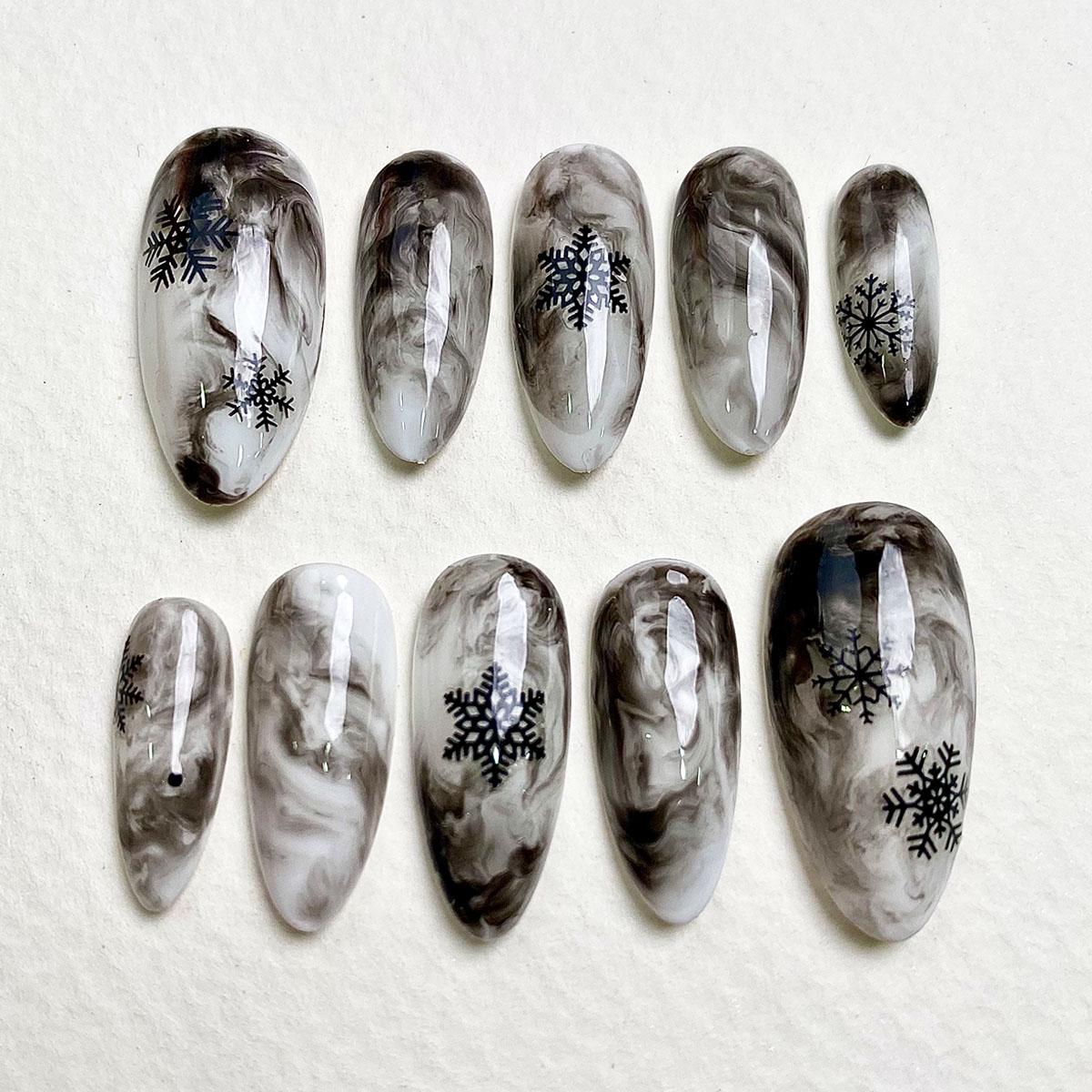 Smoky Gray Marble Christmas Snowflake Press-On Nails