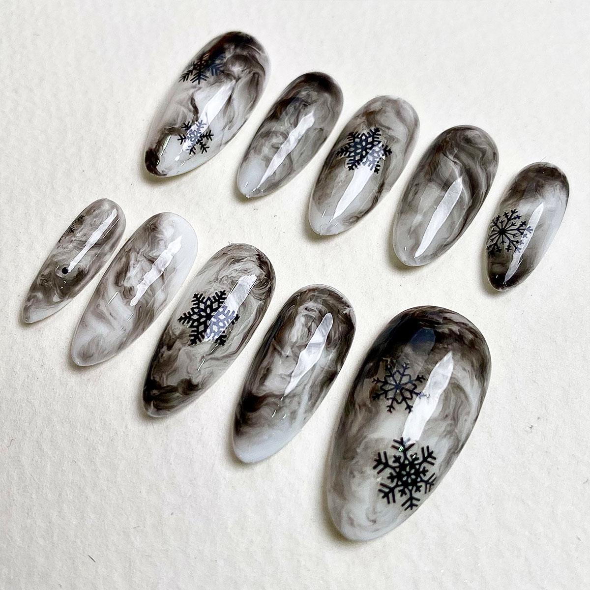 Smoky Gray Marble Christmas Snowflake Press-On Nails