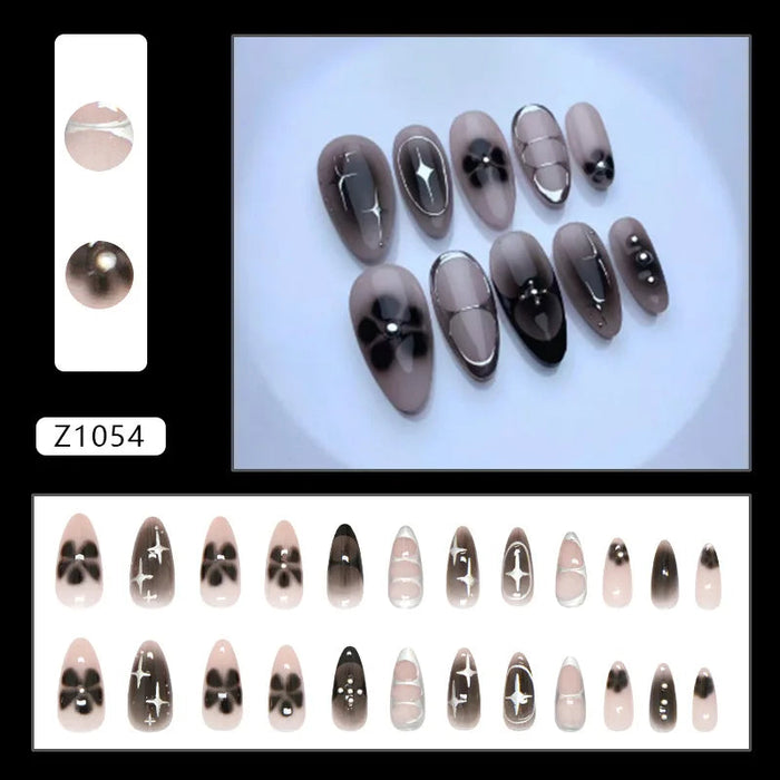 Smoky Grey and Taupe Chrome Press On Nails with Black Floral Motifs and Star Accents