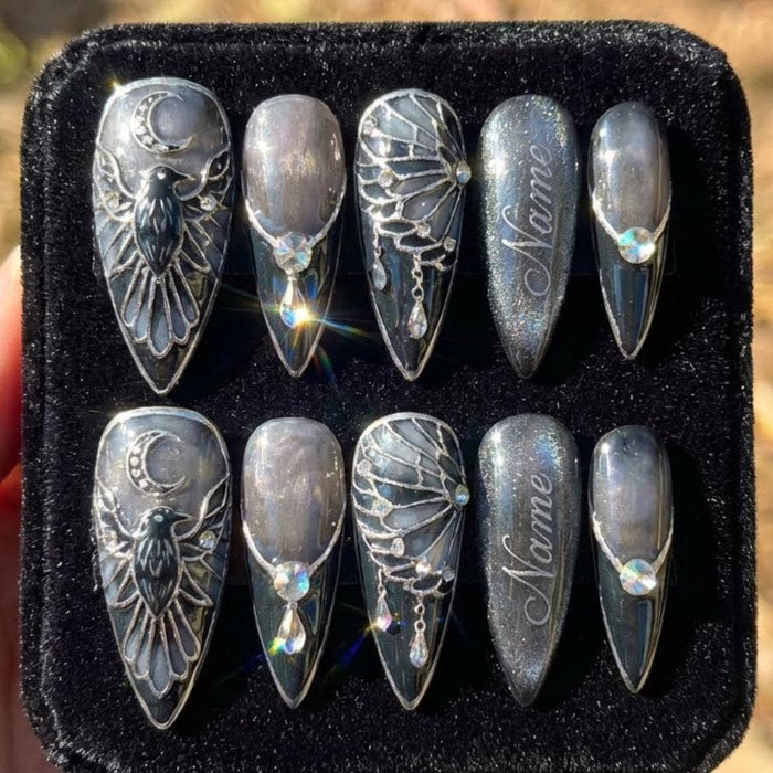 Smoky Grey Raven and Crescent Moon Gothic Press On Nail Set