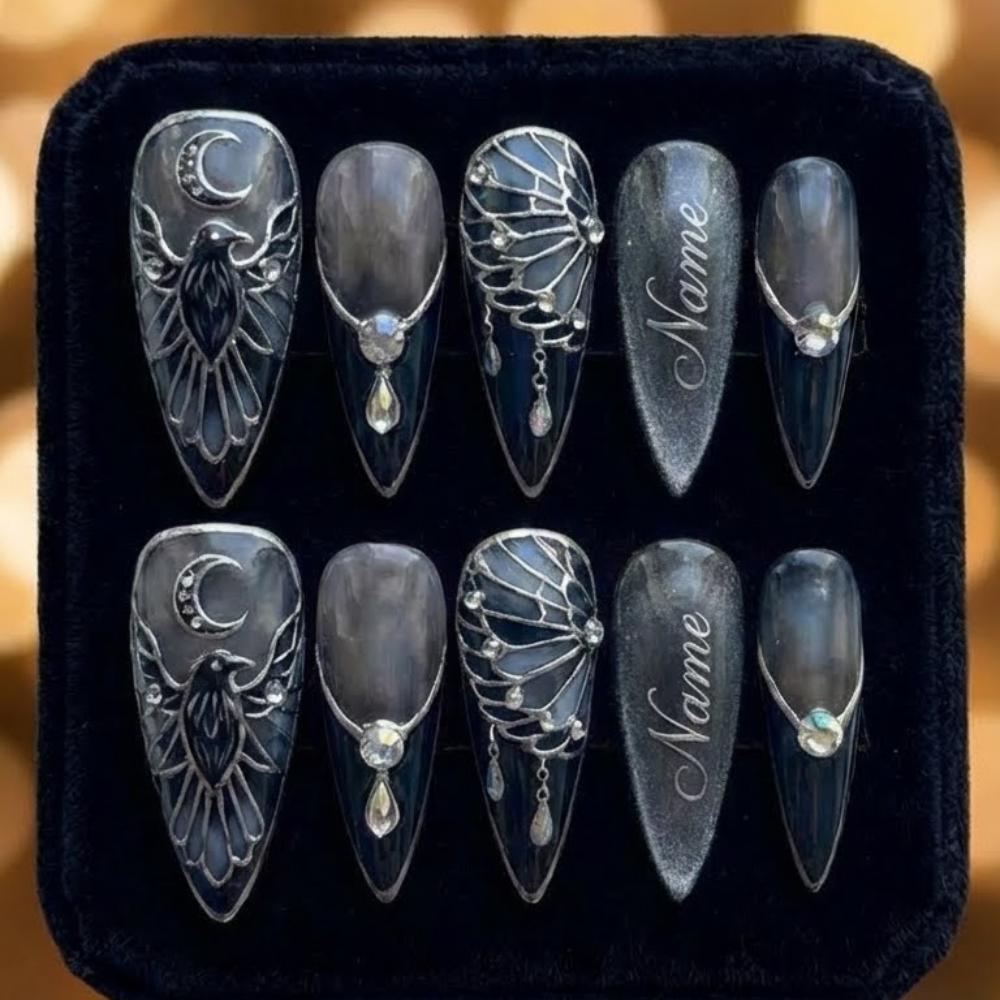Smoky Grey Raven and Crescent Moon Gothic Nail Set