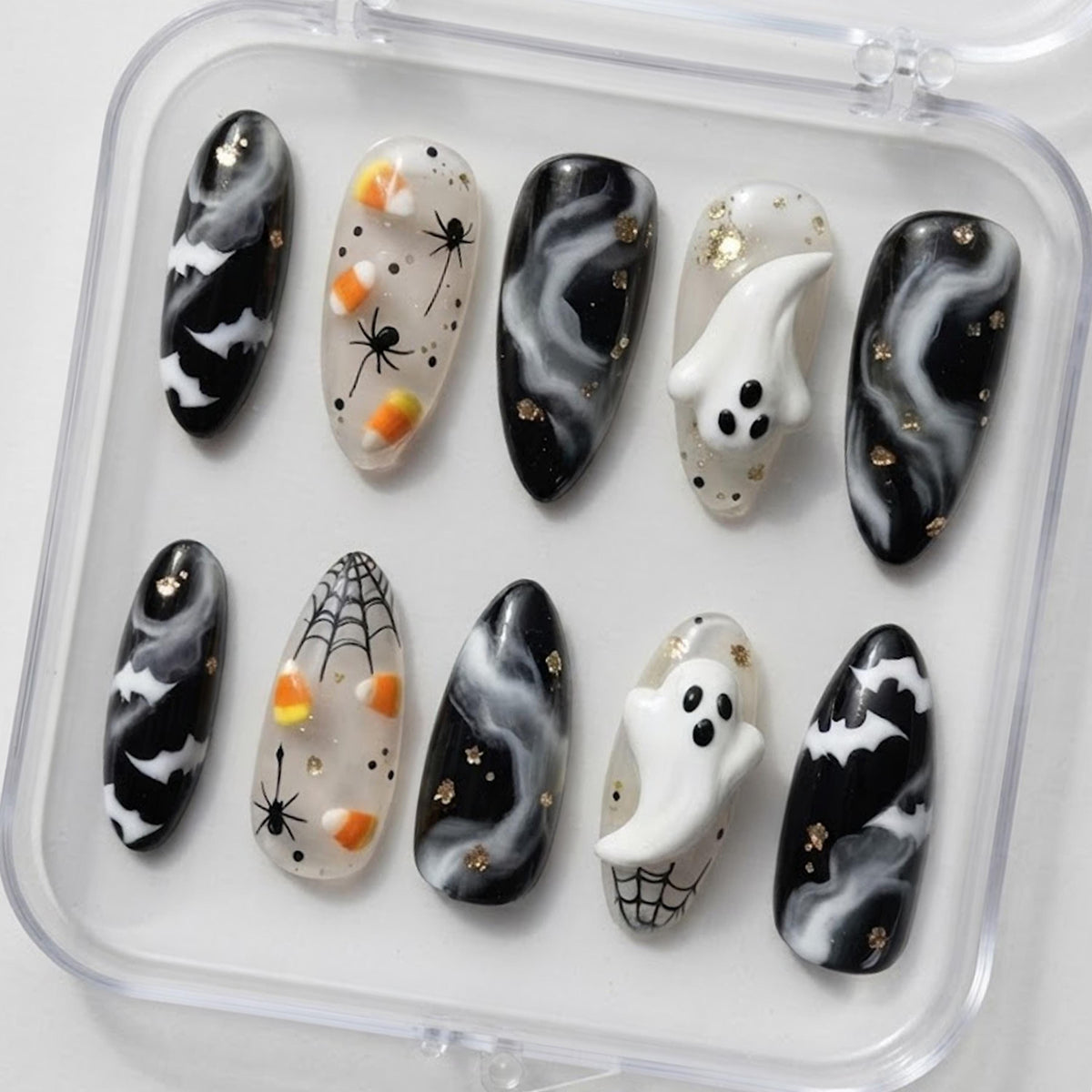 Smoky Marble Halloween Nail Set With Ghosts, Bats, Spiders, and Webs