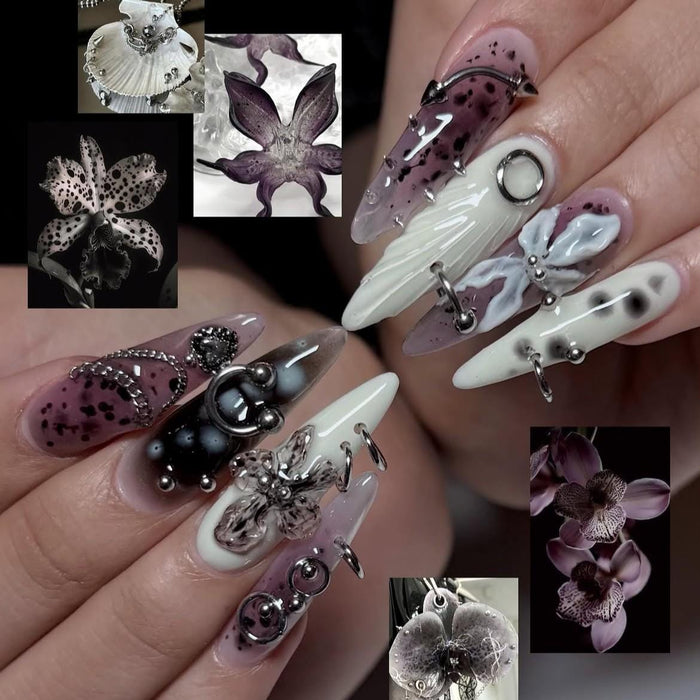 Smoky Mauve and White Press On Nails with 3D Flowers, Bows, and Silver Details