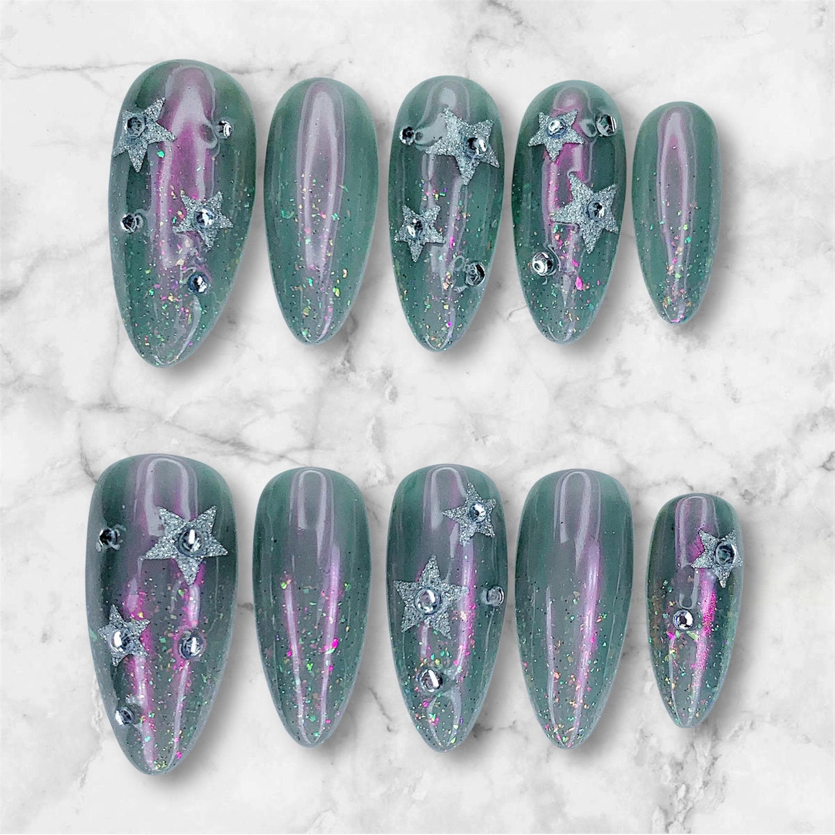 Smoky Teal Chrome Star and Rhinestone Press-On Nails with Pink-Purple Shimmer