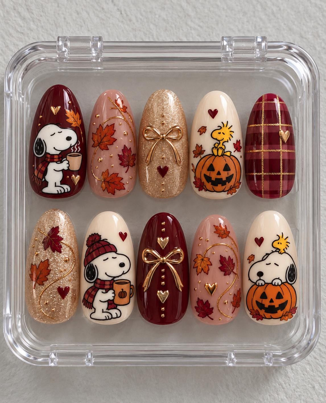 Snoopy and Woodstock Autumn Nails with Pumpkins, Maple Leaves, Plaid, and Gold Bows