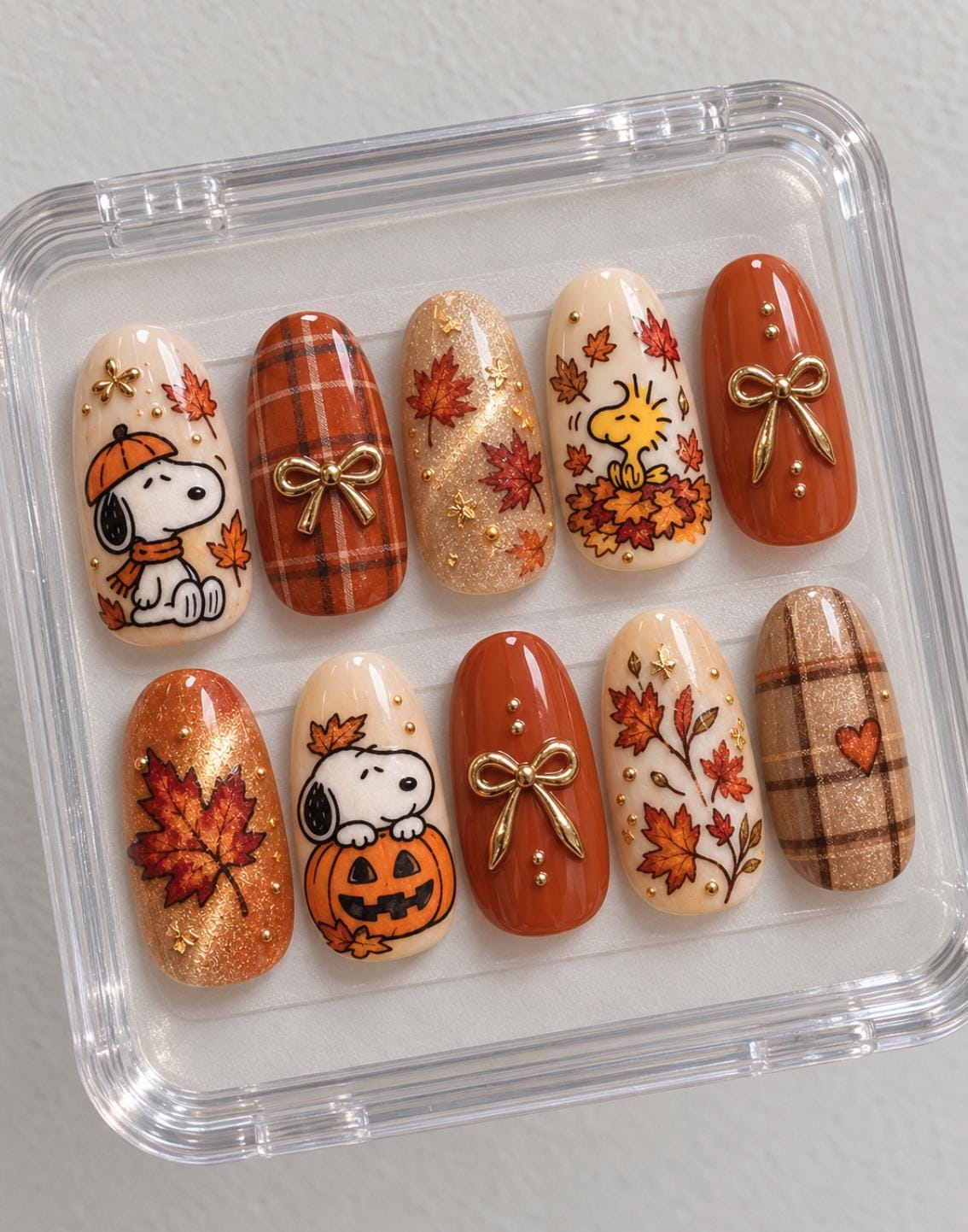 Snoopy and Woodstock Autumn Nails with Pumpkins, Plaid, Leaves, and Gold Bows