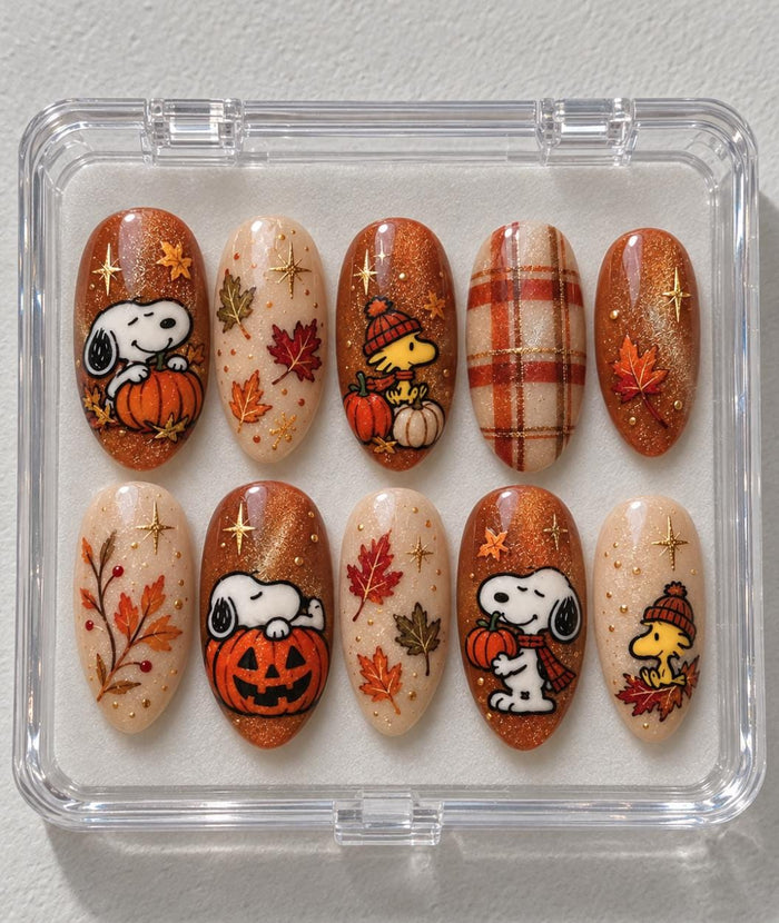 Snoopy and Woodstock Autumn Pumpkin Press On Nails With Caramel Cat Eye and Plaid