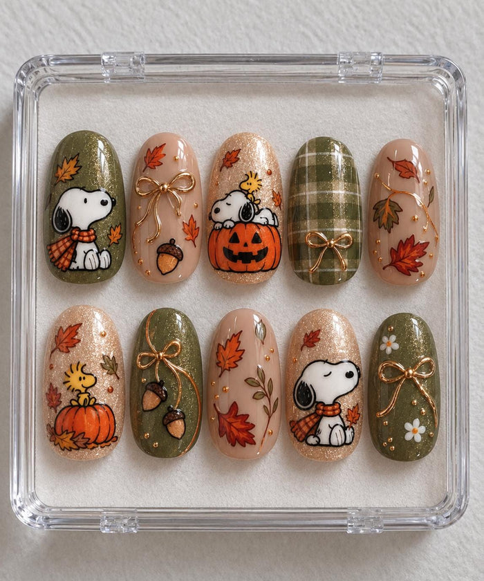 Snoopy and Woodstock Fall Press On Nails with Pumpkins, Plaid, Acorns and Gold Bows