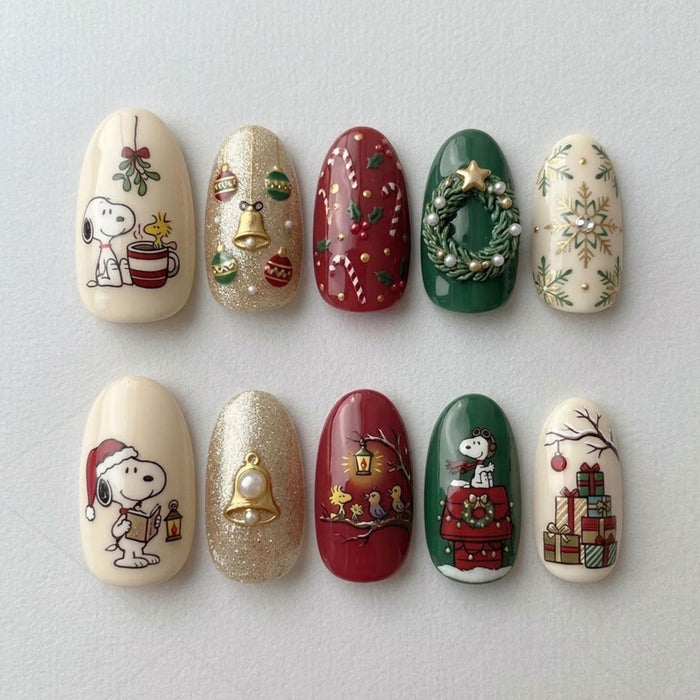 Snoopy Christmas Press On Nails with 3D Bells, Wreath, Candy Canes and Gold Glitter