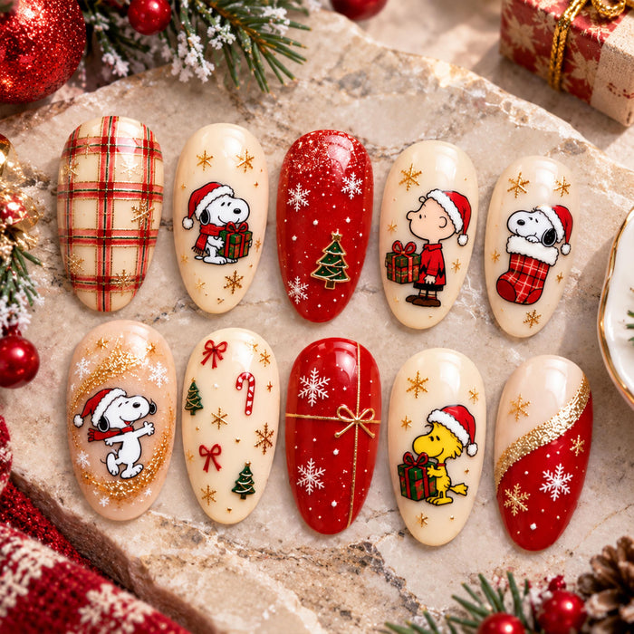 Snoopy Christmas Press On Nails With Red Plaid, Snowflakes and Gold Details