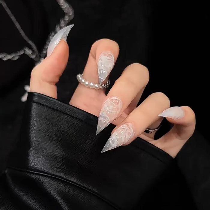 Snow Queen Frosted White Marble Press On Nails
