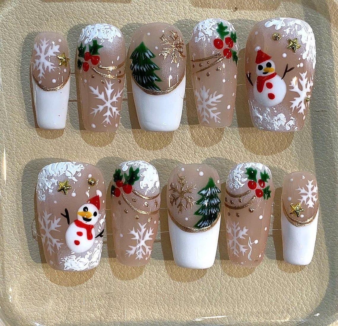 Snowman Christmas Press On Nails with Snowflakes, Holly and Gold Accents