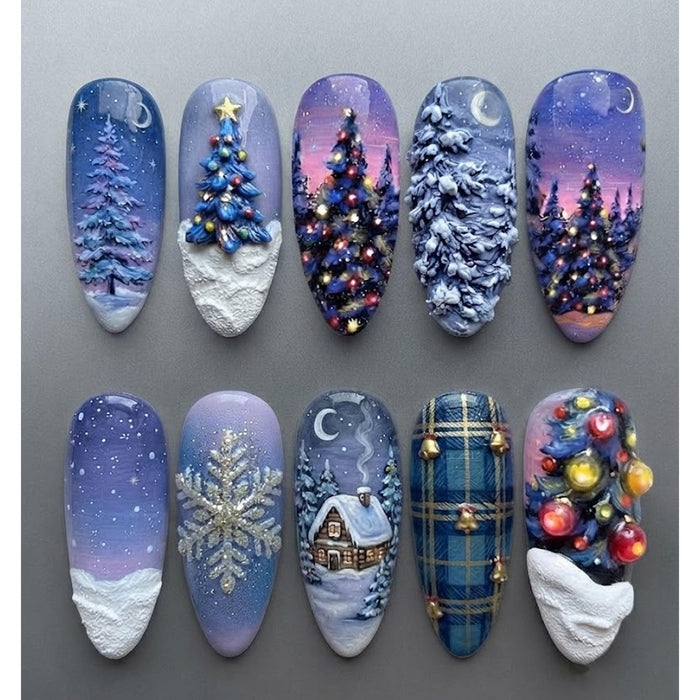 Snowy Christmas Village Press On Nails with 3D Trees, Snowflakes, Cottage and Plaid