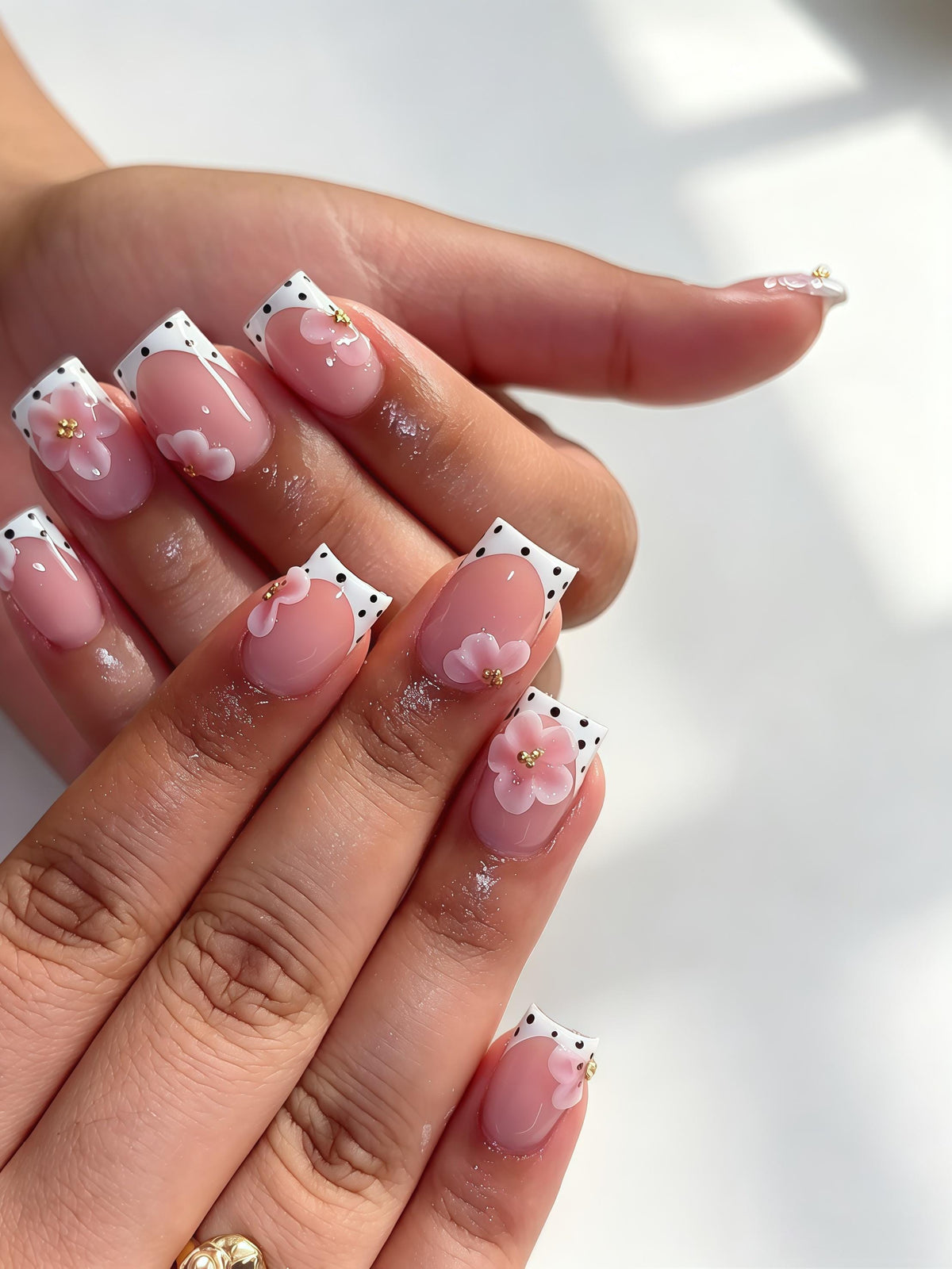 Soft Pink 3D Flower Nails With Polka Dot French Tips