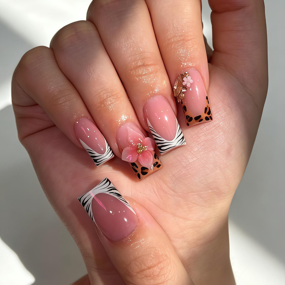 Soft Pink Animal Print Nails with Zebra Tips and 3D Flowers
