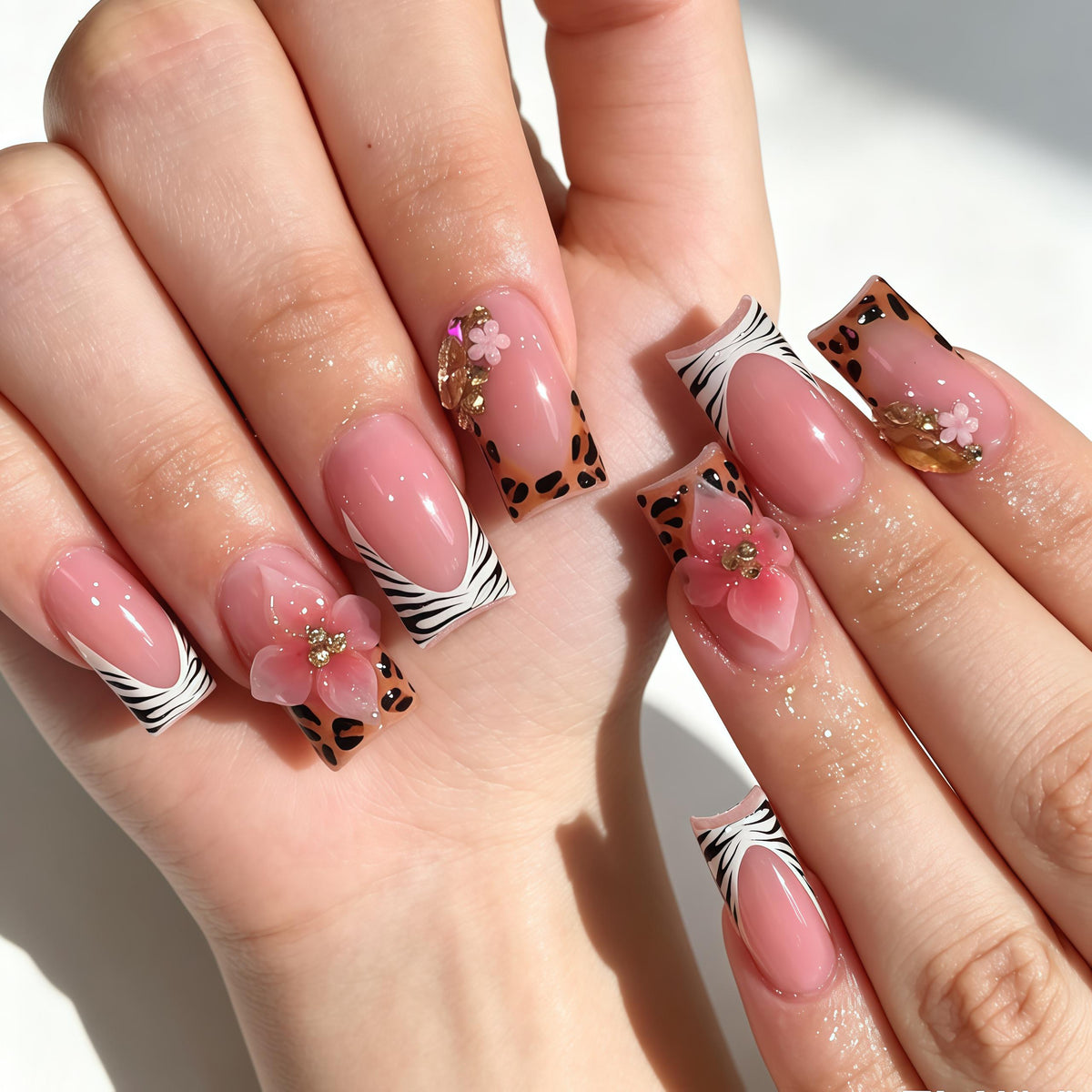 Soft Pink Animal Print Nails with Zebra Tips and 3D Flowers