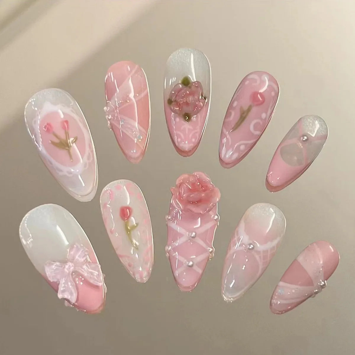 Soft Pink Floral Press On Nails with Sculpted Roses, Bow and Pearl Accents