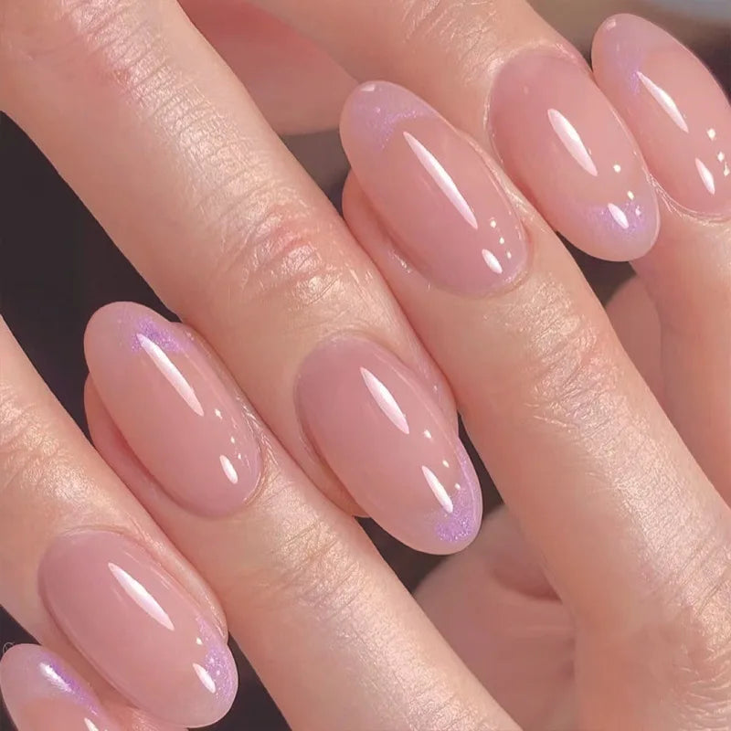 Soft Pink Jelly Cat Eye Press On Nails with Lilac Shimmer