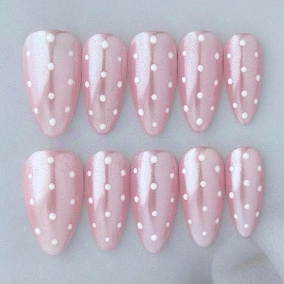 Soft Pink Pearly Chrome Press On Nails with White Polka Dots