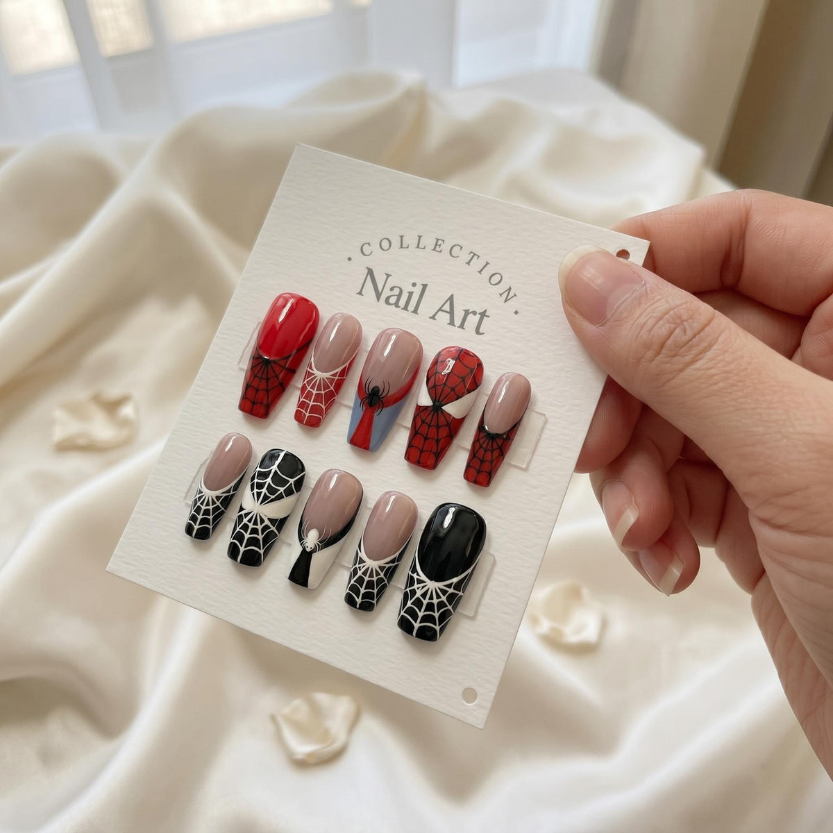 Spider-Man Web Press-On Nail Set in Red, Black, and Nude